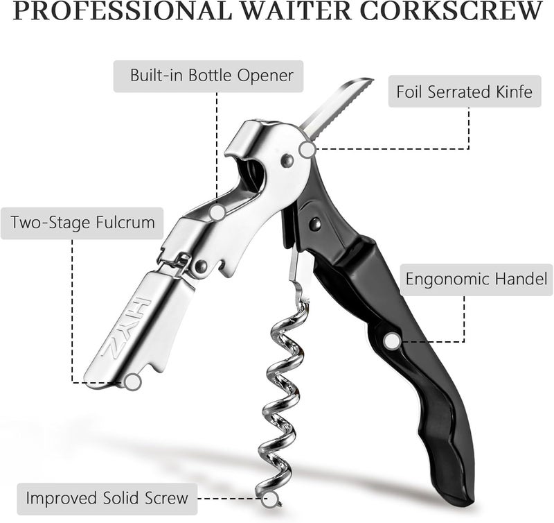HYZ 2-Pack Wine Opener Waiter Corkscrew, Professional Wine Key for Servers, Bartender, with Foil Cutter, Manual Wine Bottle Opener Double Hinged (Black) - Image 3